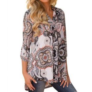 Nlife Bohemian 3/4 Sleeve V Neck Floral Print Stretchy Top. Size Medium